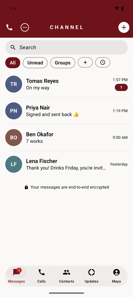 The same Messages list on Android, in the phone’s dark theme.