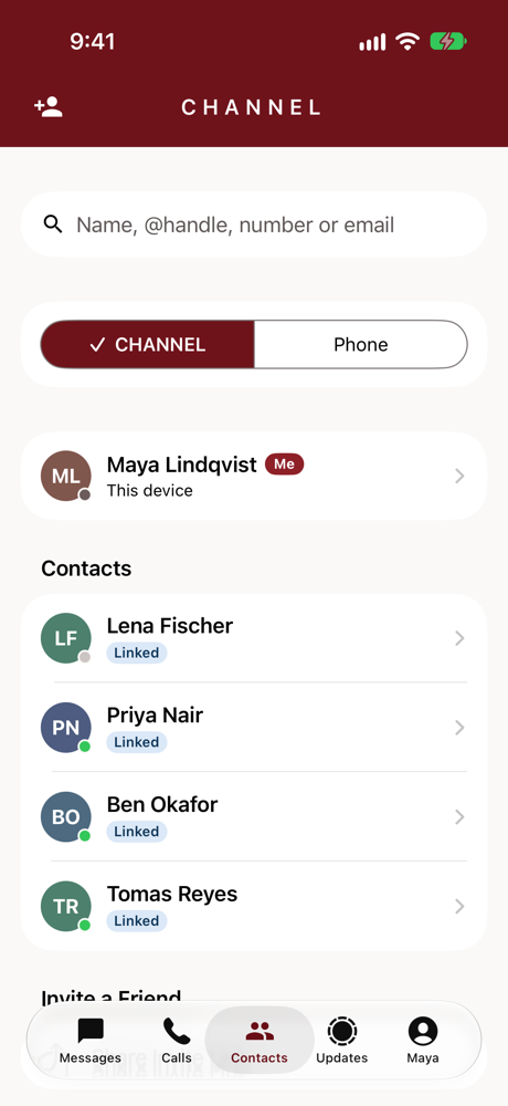 Contacts. Linked means the two phones hold each other’s keys. Nothing here is uploaded anywhere.