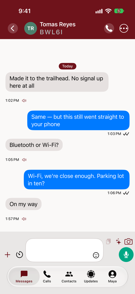 A conversation. Letters under the name say which paths are open to that phone right now; here they are Bluetooth, Wi-Fi, LAN and Internet.
