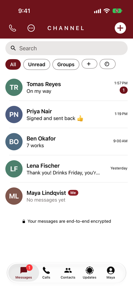 Messages. Every row is a person you paired with; the mark on the bubble says which way the message went.