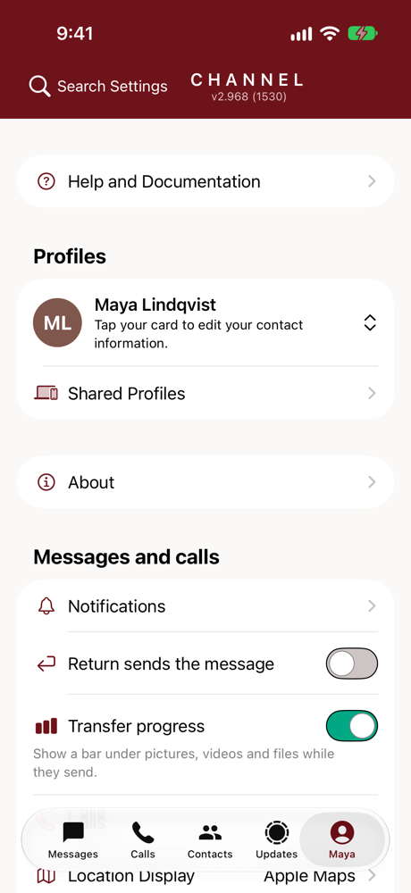 Settings. Reach, privacy, calls, location, blocked — and the profile card, which is the only thing you ever share.