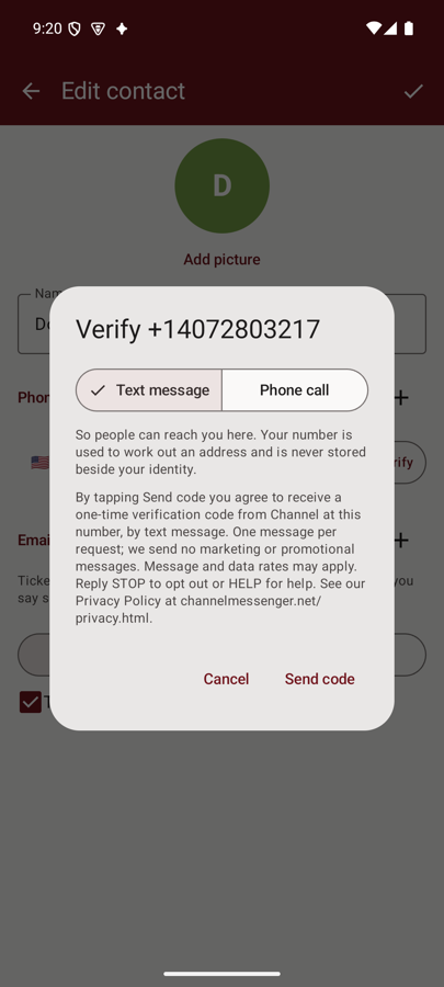 Channel Messenger verification dialog showing the phone number, the full SMS opt-in language, and the Send code button